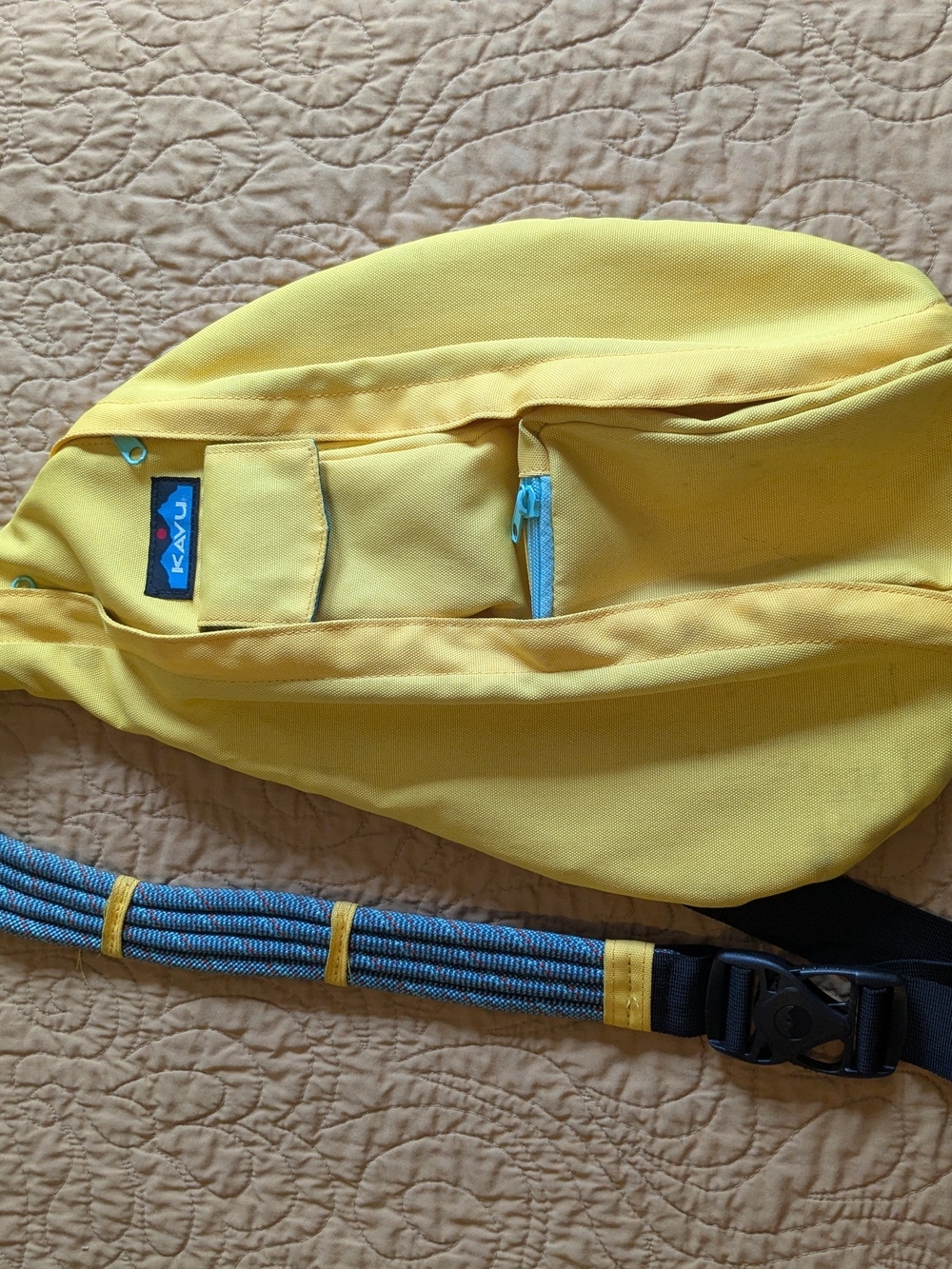 KAVU Bright Yellow Rope Sling Bag with Blue Accents